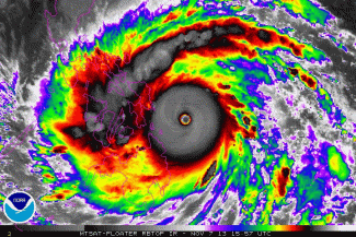 Animated enhanced infrared satellite loop of Typhoon Haiyan from peak intensity to landfall in the Philippines. Image: NOAA