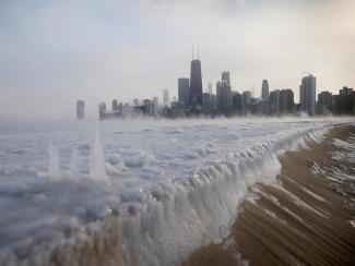 Ice builds up along Lake Michigan at North Avenue Beach as temperatures dipped well below zero in Chicago, Ill., Jan. 6, 2014. 