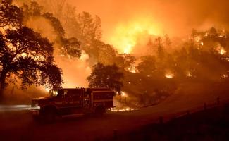 A Cal Fire truck is driven away from flames as the Rocky Fire burns near Clearlake, California, on August 2, 2015. Photo: Josh Edelson / AFP / Getty