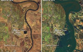 In the wake of an intense winter storm, historic floods have broken out across the central United States. By mid-March, several streams and rivers had risen to all-time record levels in Nebraska, Iowa, South Dakota, and Wisconsin. Photo: Joshua Stevens NASA Earth Observatory and the U.S. Geological Survey