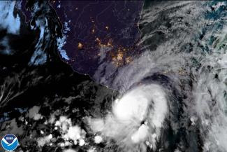 This satellite image made available by NOAA shows Hurricane Agatha off the Pacific coast of Oaxaca state, Mexico on Monday, May 30, 2022, at 8:30 a.m. EDT. (Credit: NOAA via AP)