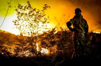 This photo provided by the fire brigade of the Gironde region (SDIS 33) shows a firefighter stands next to wildfire near Landiras, southwestern France, Monday morning, July 18, 2022. France scrambled more water-bombing planes and hundreds more firefighters to combat spreading wildfires that were being fed Monday by hot swirling winds from a searing heat wave broiling much of Europe. With winds changing direction, authorities in southwestern France announced plans to evacuate more towns and move out 3,500 pe