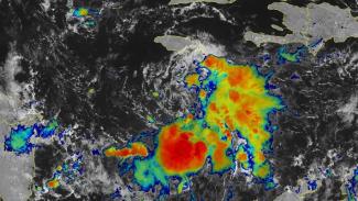 Infrared satellite image of Tropical Storm Lisa at 11:40 a.m. EDT October 31, 2022. (Image credit: NOAA via Yale Climate Connections)
