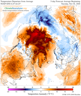 The temperature forecast on November 1, 2016 for the next five days in the Arctic shows unrelenting warmth, which will continue to slow sea ice growth. Image: Climate Change Institute