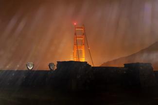 The Golden Gate Bridge is seen through heavy rain on January 4th, 2023, in Sausalito, California. (Credit: Justin Sullivan/Getty Images)