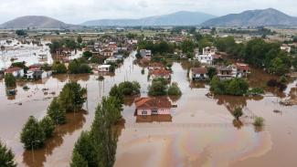 Homes submerged by floodwater in the village of Farkadona in Trikala region, Greece, on Sept. 7. (Credit: Konstantinos Tsakalidis/Bloomberg via Getty Images)