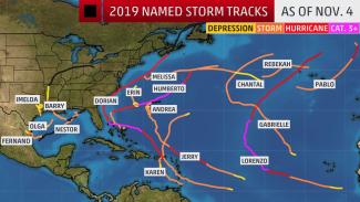 The tracks of the 17 named storms in 2019. Any storms with black line segments were not classified as a tropical cyclone during that portion of the path.