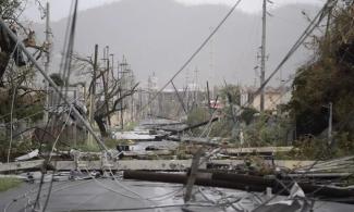 Electricity poles and lines lie on the road after Hurricane Maria hit, in Humacao, Puerto Rico, in 2017. (Credit: Carlos Giusti/AP)