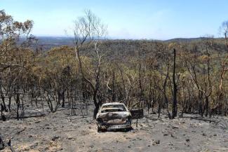A charred car stands destroyed after a bushfire moved through the area near One Tree Hill in the Adelaide Hills. Photo: Yahoo News