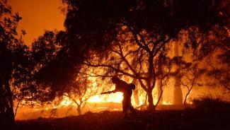 In this photo provided by the Santa Barbara County Fire Department, a firefighter knocks down flames as they approach a ranch near the Las Flores Canyon area west of Goleta, Calif., in the early morning hours of Thursday, June 16, 2016. The wildfire burning in rugged coastal canyons west of Santa Barbara is growing as it feeds on vegetation that hasn’t burned in 70 years. Photo: Mike Eliason/Santa Barbara County Fire Department via AP