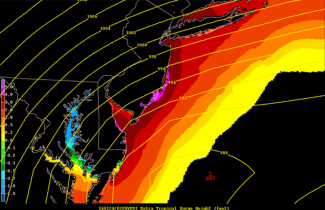 A map shows the forecast storm surge in feet from this weekend's winter storm. Image: NOAA
