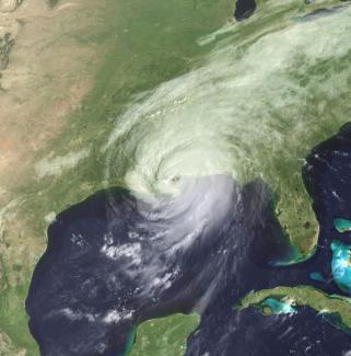 Hurricane Katrina moved ashore over southeast Louisiana and southern Mississippi early on August 29, 2005, as an extremely dangerous Category 4 storm. Photo: GOES Project Science Office
