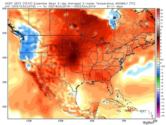 Ensemble mean 5-day averaged 2-meter temperature anomaly (°C) for July 18 through 25. Image: WxBell
