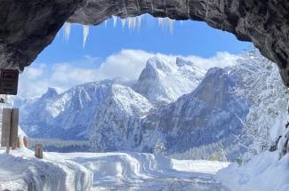 Snow-capped mountains can be seen from a tunnel inside Yosemite National Park recently. (Yosemite National Park/LA Times)