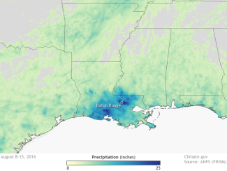 Precipitation totals (inches) from August 8-15, 2016. Over two feet of rain was observed in parts of southeastern Louisiana which led to catastrophic flooding, especially in areas around Baton Rouge. Image: NOAA Climate.gov map based on data from AHPS