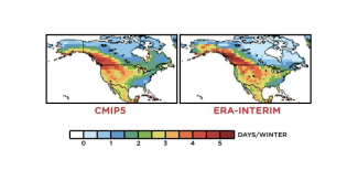 Mean winter cold air outbreak durations during 1981-2000 from the CMIP5 multi-model ensemble mean (left) and from the ERA-Interim global reanalysis (right). Image: Gao, Leung and Lu