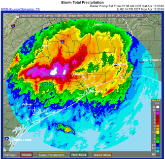 Houston area rainfall is off the charts on Monday. More than 1 foot of rain has fallen over the past 24 hours. Image: National Weather Service