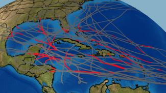 The tracks of all 35 Category 5 Atlantic hurricanes are shown on the map above. The segment of each track where those hurricanes had Category 5 winds is shown in red.