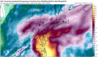 If the 06Z Sunday forecast from the GFS model were to verify exactly—with Florence centered in far eastern NC and far southeast VA from Friday through Monday, September 14-17—these are the rainfall amounts that would result, as predicted by the model. Widespread 10”+ amounts would extend from Cape Hatteras to the Washington, D.C., area; the Norfolk/Hampton Roads area of southeast VA would receive more than 20”. Credit: Tropical Tidbits