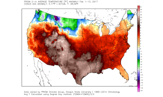 Average temperature difference from normal Feb. 1-Feb. 13. Image: WeatherBell.com