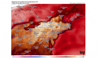 Temperature difference from normal at 1 p.m. Friday analyzed by GFS model. Image: Washington Post