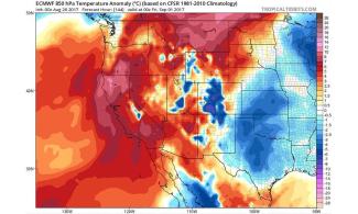 A forecast model from August 26 predicts hot temperatures across the Western United States on Friday, Sept. 1. Image: Map courtesy tropicaltidbits.com
