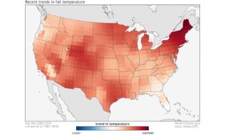 The climate trends, defined as the Optimum Climate Normals, for fall temperatures across the United States. The trend is determined by taking the average fall temperatures over the last 15 years and subtracting the average fall temperatures from 1981-2010. Image: NOAA Climate.gov using data from the Climate Prediction Center