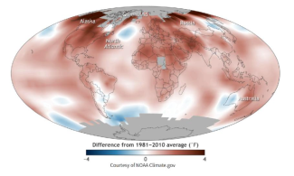 This map shows how much of the planet's surface had above-average temperatures in 2016. Image: NOAA Climate