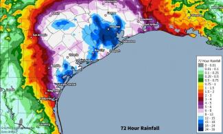 Estimated observed rainfall totals in Southeast Texas through Sunday morning. Image: Jordan Tessler