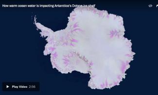 Warm bottom ocean water is entering the cavity under Antarctica’s Dotson ice shelf and is stirred by Earth’s rotation, causing one side of the ice shelf to melt. Image: ESA/University of Edinburgh–N. Gourmelen/Planetary Visions