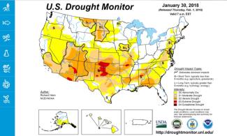 Map of the United States showing various categories of drought affecting different regions in January 2018. For details, please visit http://droughtmonitor.unl.edu. Image: Drought.gov