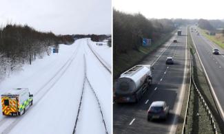 The M876 motorway in Scotland on 31 January last year, during the Beast from the East, and in February this year. Photo: Andrew Milligan, PA