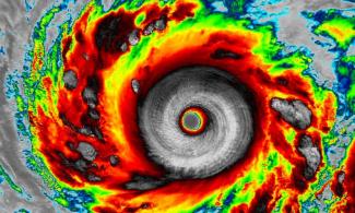 Infrared VIIRS image of Super Typhoon Vongfong as seen at 17:03 UTC (1:03 pm EDT) on October 7, 2014. At the time, Vongfong was a peak-intensity Category 5 storm with 180 mph winds. Image: Dan Lindsey, NOAA/NASA and RAMMB/CIRA.