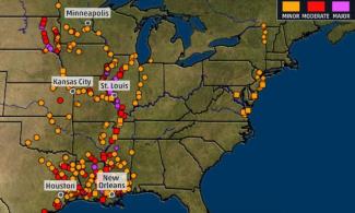 The various-colored dots on the map indicate river gauges that were reporting levels above flood stage on May 14, 2019. Image: The Weather Channel, using NWS/USGS data