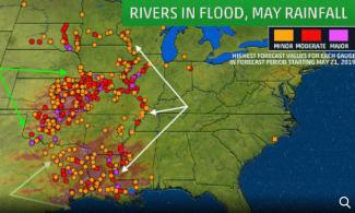 Locations of river gauges forecast to be at least in flood stage, color coded by severity, following the May 20-21 Plains heavy rain event. Contours under the gauge locations are May month-to-date rainfall estimates through May 20, with the heavier rain indicated by red contours. Image: The Weather Channel using NWS/RFC data