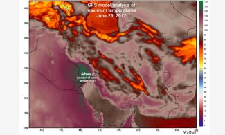GFS weather model analysis of maximum temperatures in the Middle East Thursday afternoon. Image: WeatherBell.com