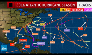 Tracks of all 2016 Atlantic Basin tropical cyclones. Image: The Weather Channel, National Hurricane Center