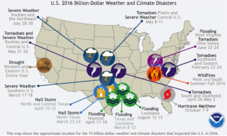 The location and type of the 15 weather and climate disasters in 2016 with losses exceeding $1 billion dollars. THe majority of events occurred in the middle of the country form the Central Plains to Texas and Louisiana. Image: NOAA NCEI, adapted by Climate.gov