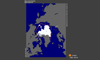 Arctic sea ice extent for September 10, 2016 was 4.14 million square kilometers (1.60 million square miles). The orange line shows the 1981 to 2010 median extent for that day. The black cross indicates the geographic North Pole. Image: National Snow and Ice Data Center