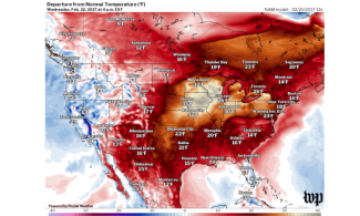 Temperature difference from normal forecast on Wednesday from NAM model. Image: Washington Post