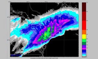 Snowfall totals projected by The Weather Company/IBM's Deep Thunder model (formerly known as RPM) for the period from 8:00 am EDT Monday, March 13, through 7:00 pm EDT Tuesday, March 14. "It does look like eastern PA through northern NJ and into central upstate NY will be the 'jackpot' zone," said Michael Ventrice (TWC). Image: The Weather Company, An IBM Business