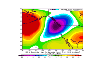 A persistent trough along the West Coast–associated with wet conditions in California–has co-occurred with a persistent upstream ridge over the Aleutians. Image: NCEP via ESRL