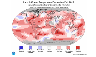 Departure of temperature from average for February 2017, the 2nd warmest February for the globe since record keeping began in 1880. Warmer- to much-warmer-than-average conditions were present across much of the world's land surfaces, with the most notable warm temperature departures from average (3°C–5°C above the 1981–2010 average) across much of the contiguous U.S., southeastern Canada, and across much of central and eastern Russia. Image: NCEI