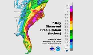 Multi-sensor analysis of precipitation for the 7-day period from 8:00 am EDT Sunday, October 2, to Sunday, October 9, 2016. Nearly all of the precipitation shown across the Southeast fell during Hurricane Matthew. Image: NOAA/NWS Advanced Hydrologic Prediction Service