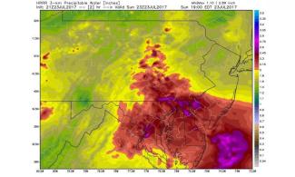 HRRR model estimate of total precipitable water, an indicator of atmospheric moisture, at 7 p.m. Sunday. Image: WeatherBell