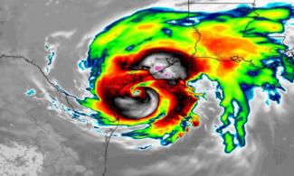 Simulated satellite image showing Hurricane Harvey approaching Texas on Aug. 25, 2017. Image: WeatherBell