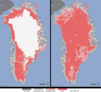About 40 percent of Greenland's ice sheet thawed at or near the surface on July 8. Four days later, the melt had dramatically accelerated and an estimated 97 percent of the ice sheet surface had thawed. Image: Nicolo E. DiGirolamo, SSAI/NASA GSFC, and Jesse Allen, NASA Earth Observatory