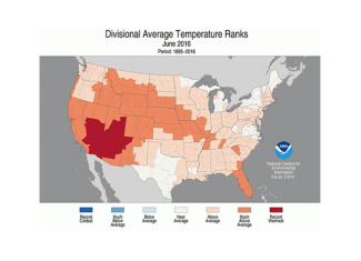 How temperatures across the contiguous U.S. compared to normal during June 2016. Click image to enlarge. Image:: NOAA