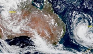 A satellite image from late Saturday, Feb. 18, shows a well-structured Cyclone Kelvin just inland across northwest Australia (left) and a still-impressive Tropical Cyclone Gita (right) churning across the Southwest Pacific en route to New Zealand. Image: UK Met Office, @metofficestorms