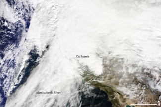 Satellite image taken on January 8, 2017. Heavy rains and snow battered California during a multi-day atmospheric river event. Image: NASA MODIS/TERRA satellite